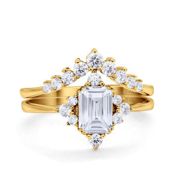 14K Yellow Gold Emerald Cut Art Deco Two Piece Bridal Set Ring Engagement Band Simulated CZ